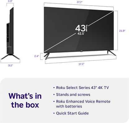 Roku Smart TV – 43-Inch Select Series, 4K HDR TV – RokuTV with Enhanced Voice Remote – Flat Screen LED Television with Wi-Fi for Streaming Live Local News, Sports, Family Entertainment