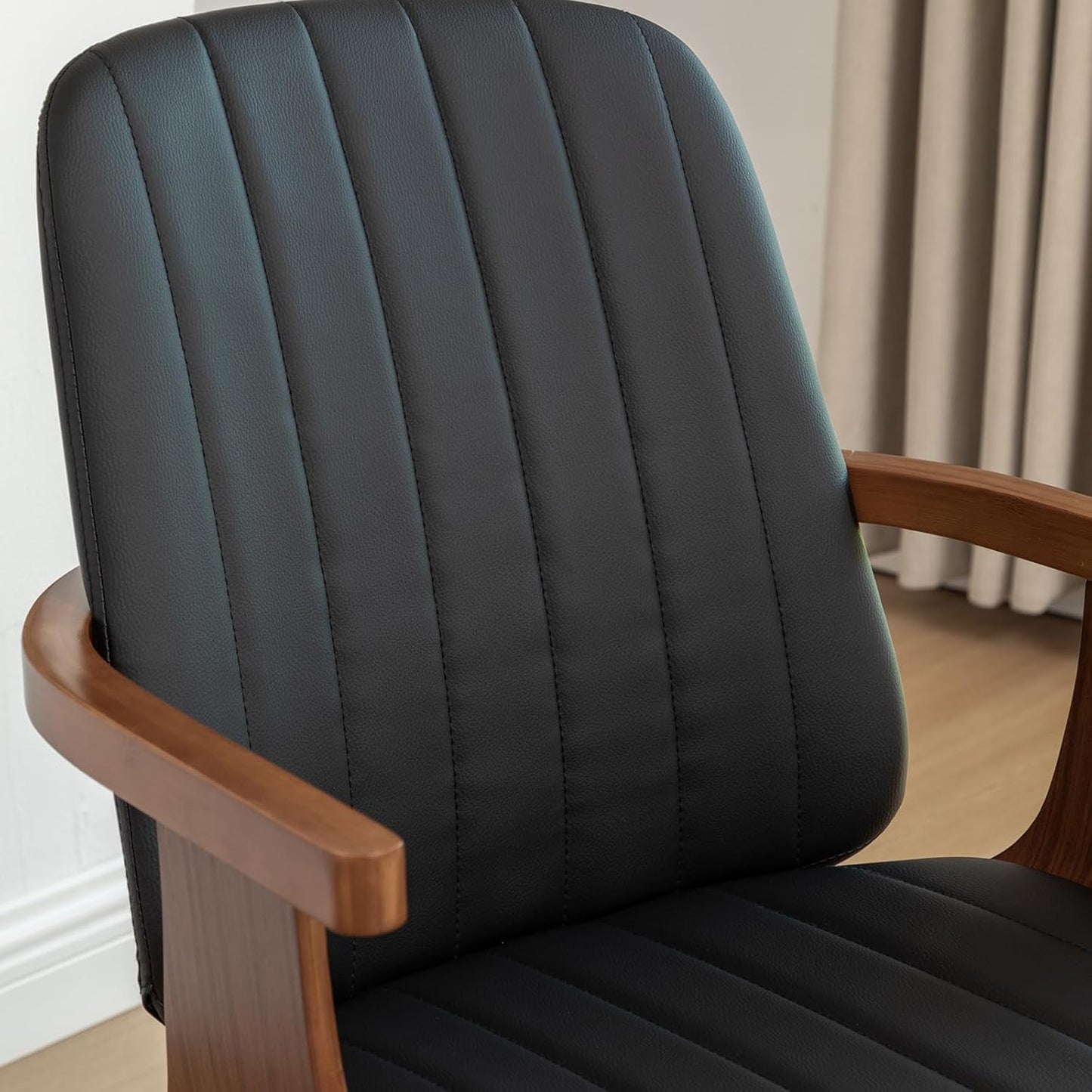 WUPOTO Swivel Dining Chairs, Set of 6 Kitchen Swivel Chairs with Walnut Craftsmanship, Upholstered Faux Leather, Wooden Arms and Legs, Walnut Dining Chairs for Kitchen/Living Room - Black