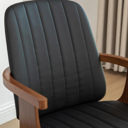 WUPOTO Swivel Dining Chairs, Set of 6 Kitchen Swivel Chairs with Walnut Craftsmanship, Upholstered Faux Leather, Wooden Arms and Legs, Walnut Dining Chairs for Kitchen/Living Room - Black