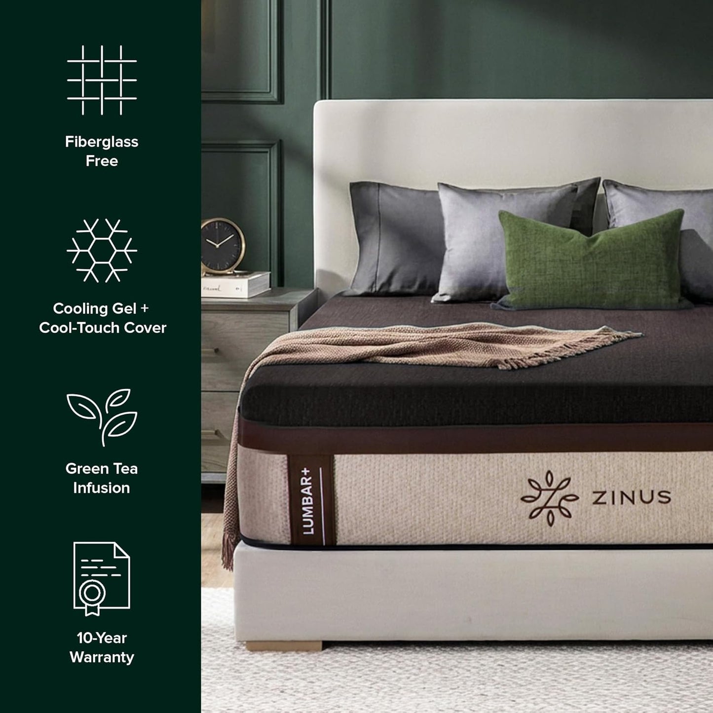 Zinus Lumbar+ Premium Memory Foam Mattress – 14 Inch, King, Lumbar Support, Targeted Pressure Relief, Cooling Gel & Green Tea, Fiberglass Free, Medium Firm, CertiPUR-US & OEKO-TEX Certified