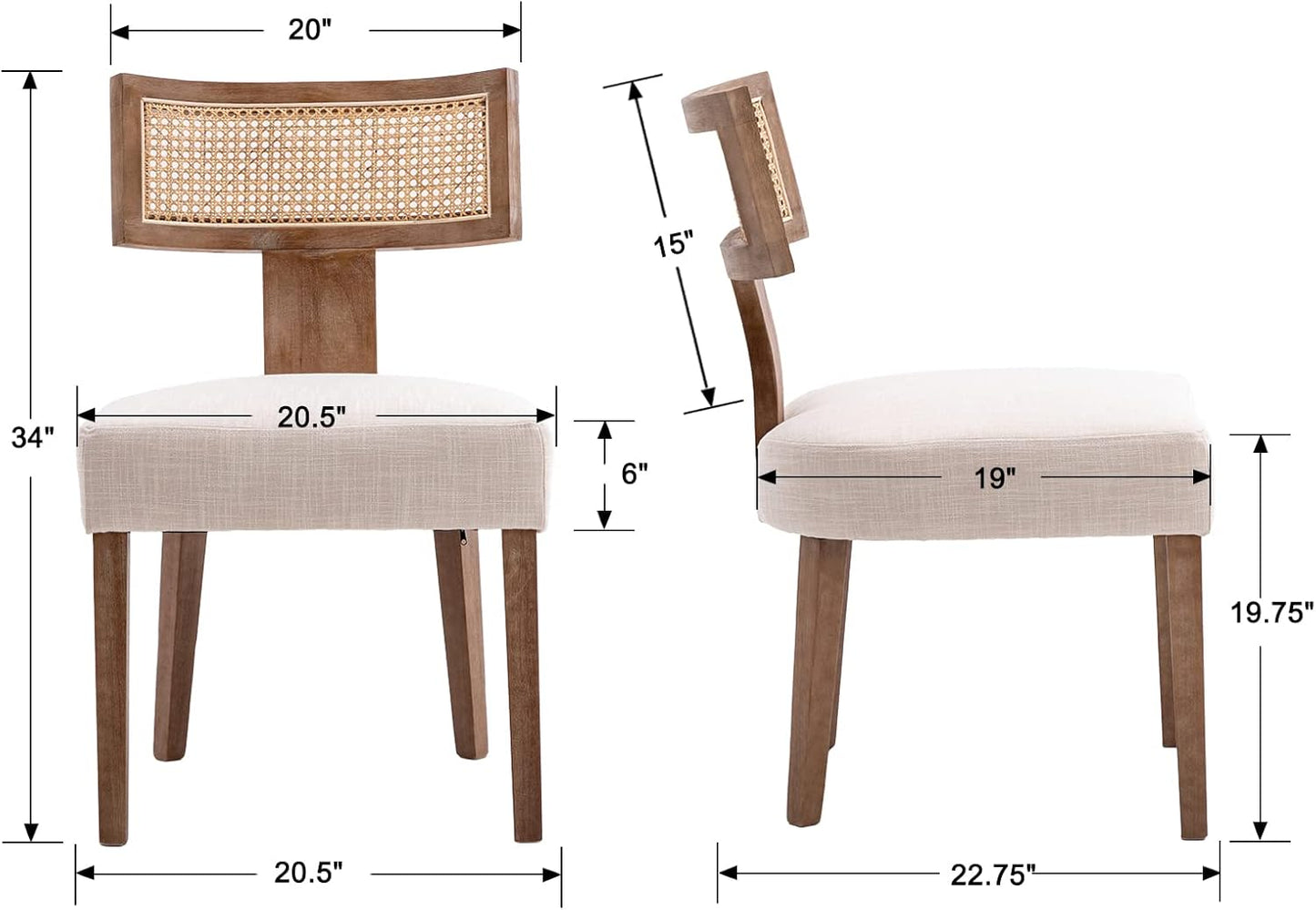 RIVOVA Rattan Dining Chairs Set of 6, Modern Dining Chair Kitchen Dining Room Chairs, Curved Cane Back Upholstered Linen Fabric Dining Chair with Wood Frame, Beige