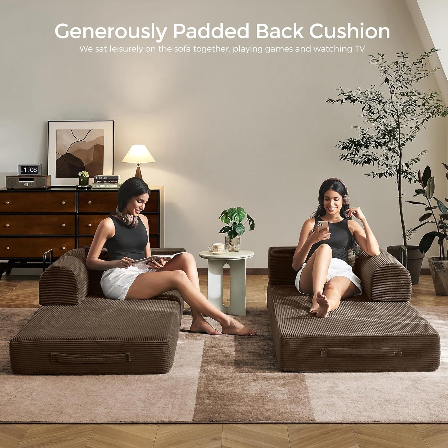 79" Convertible Sofa Bed with Fixed-Shape Frame & Removable Armrests, Modular Corduroy Sleeper Sofa, Folding Mattress Couch for Small Spaces - No Assembly Needed in Brown (Includes 2 Pillows)