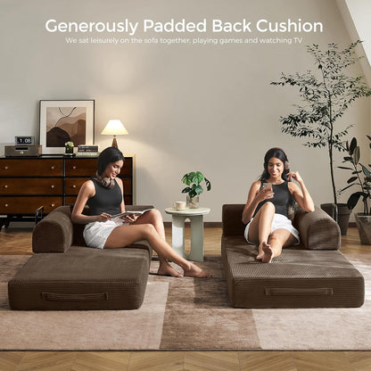 79" Convertible Sofa Bed with Fixed-Shape Frame & Removable Armrests, Modular Corduroy Sleeper Sofa, Folding Mattress Couch for Small Spaces - No Assembly Needed in Brown (Includes 2 Pillows)