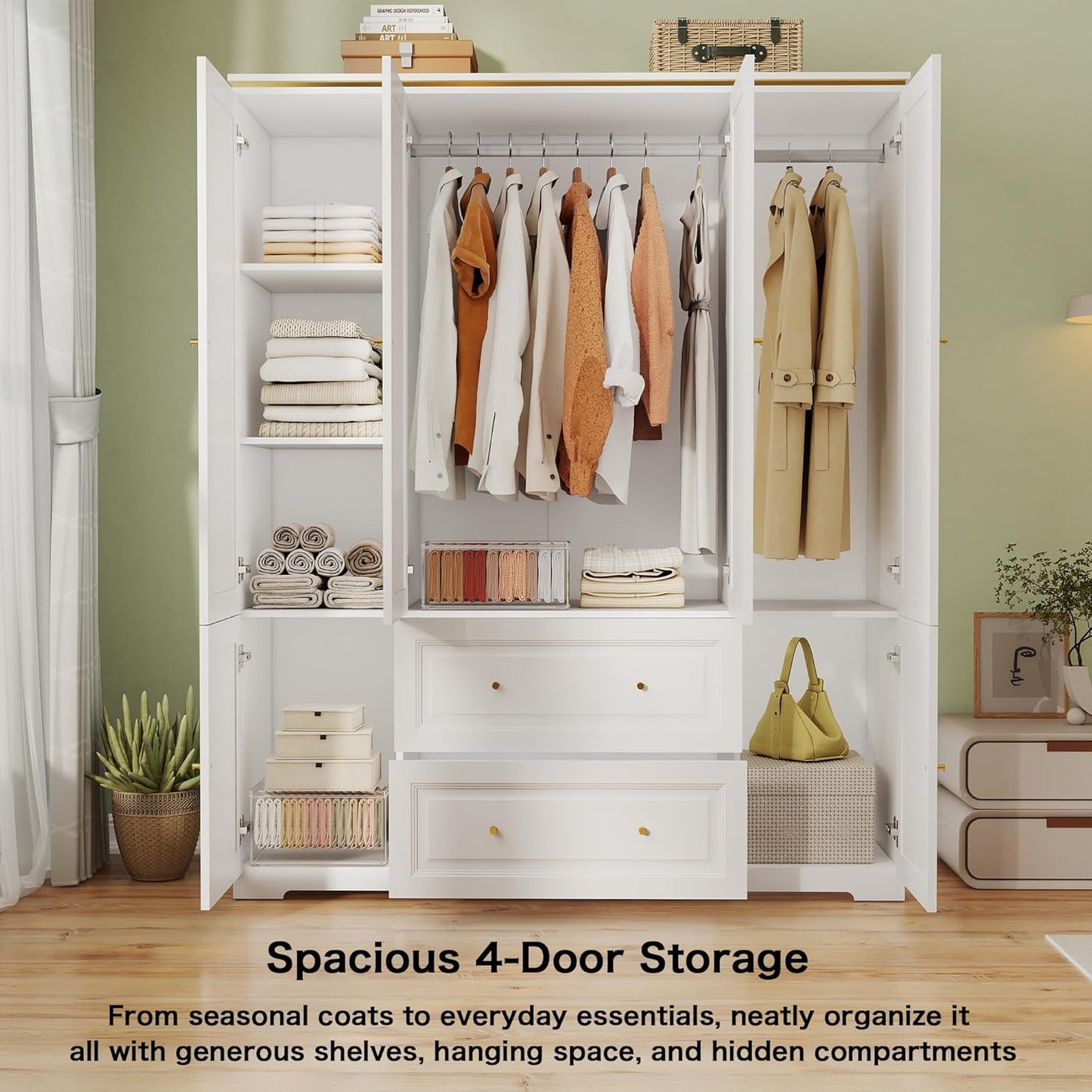 Armoire Wardrobe Closet with Drawers: Large White Wardrobe Closet with 4 Doors and 2 Drawers, Wooden Bedroom Armoires Storage Cabinet with Hanging Rod and Shelves (59")