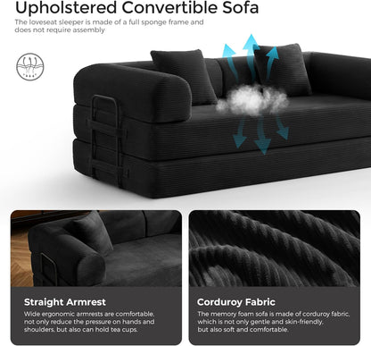 79" Convertible Sofa Bed with Fixed-Shape Frame & Removable Armrests, Modular Corduroy Sleeper Sofa, Folding Mattress Couch for Small Spaces - No Assembly Needed in Black (Includes 2 Pillows)