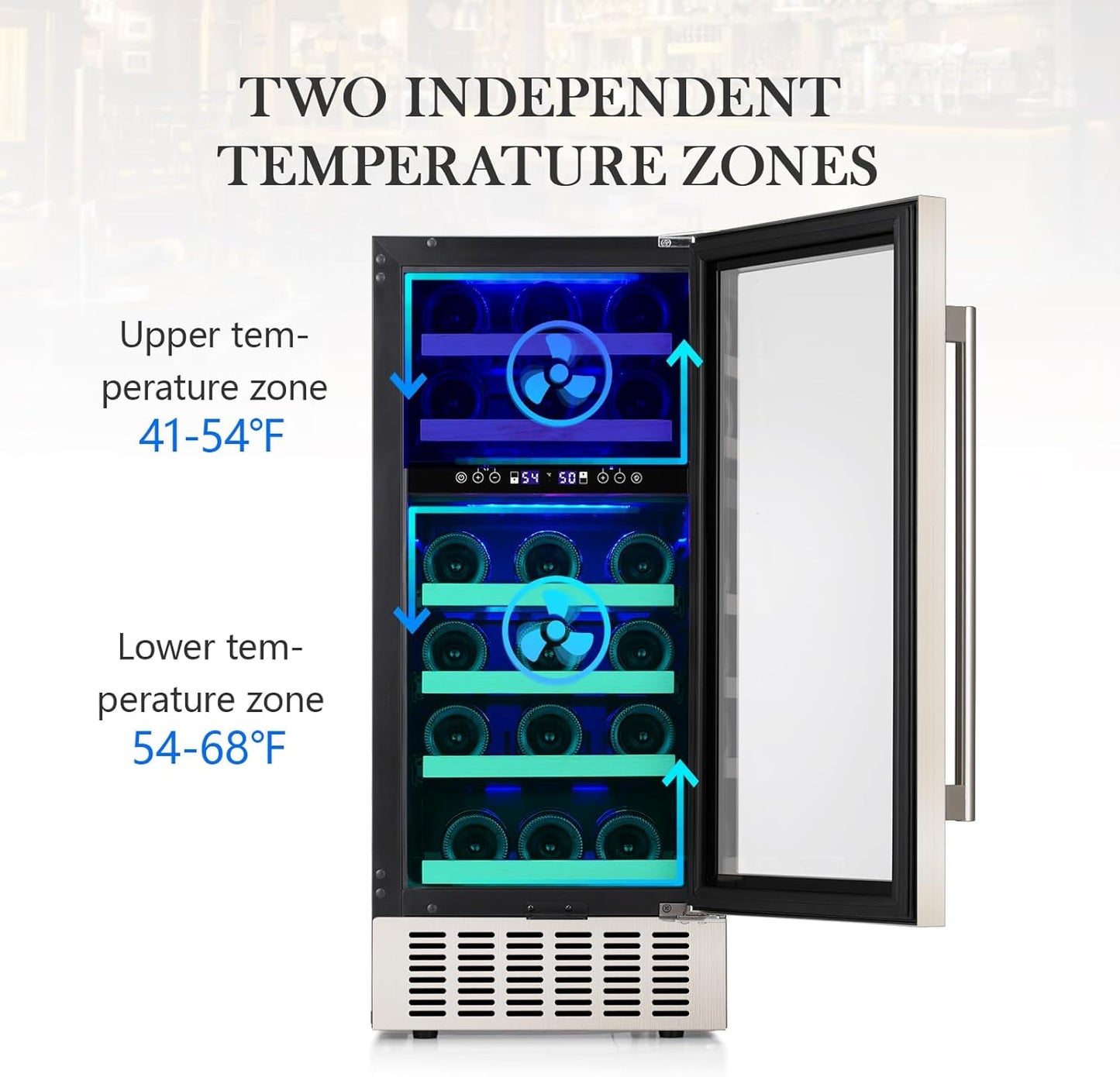 COWSAR 28 Bottle Wine Fridge, Commercial Dual Zone Beverage Refrigerator, Independent Temp, LED, Under Counter Drink Wine Cooler Chiller with Stainless Steel Frame, Double-Layer Tempered Glass Door