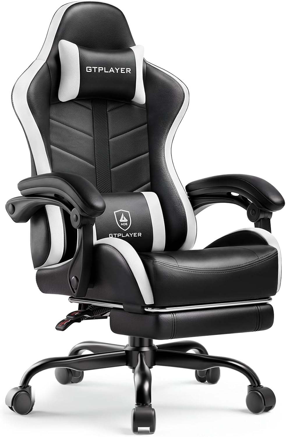 GTPLAYER Gaming Chair for Adults, Ergonomic Computer Gaming Chair with Footrest, Height Adjustable, 90-155° Recline & Removable Headrest Lumbar Support, Snow White