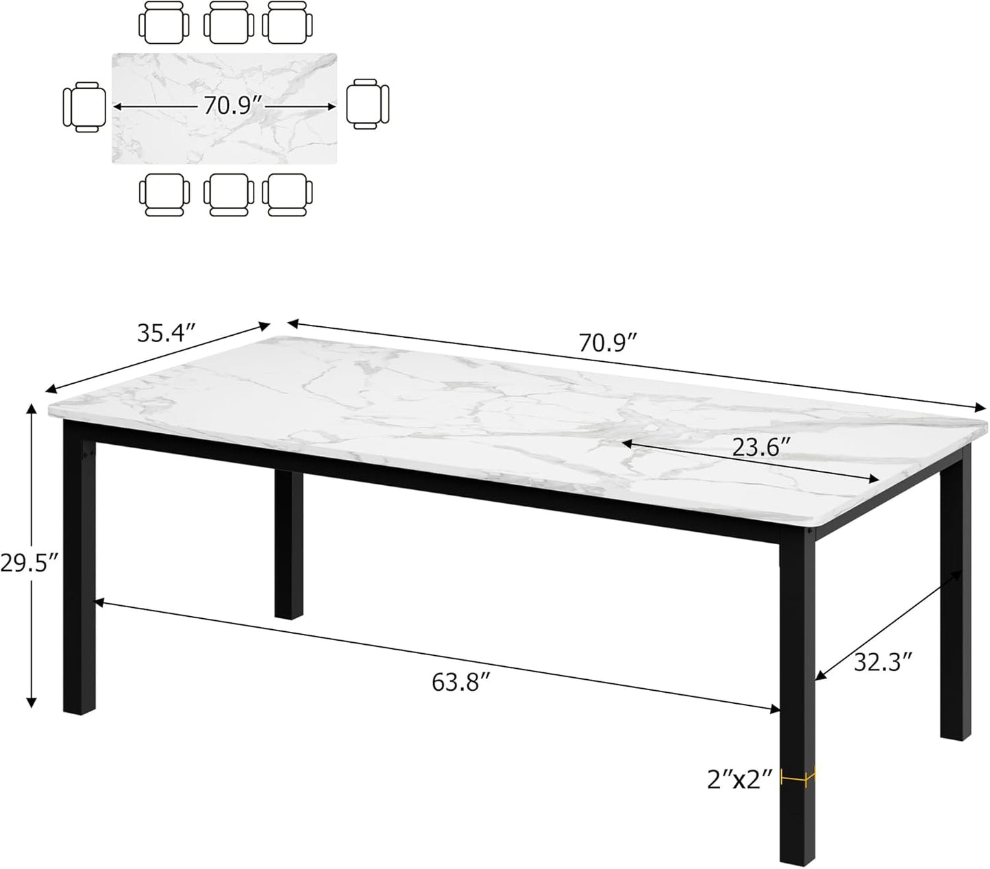 GarveeHome 70.8 in Industrial Dining Table for 6, Wooden Long Dinner Table with Mortise Tenon Design, Kitchen Table with Sturdy Metal Legs, for Dining Room Home Office Living Room, White