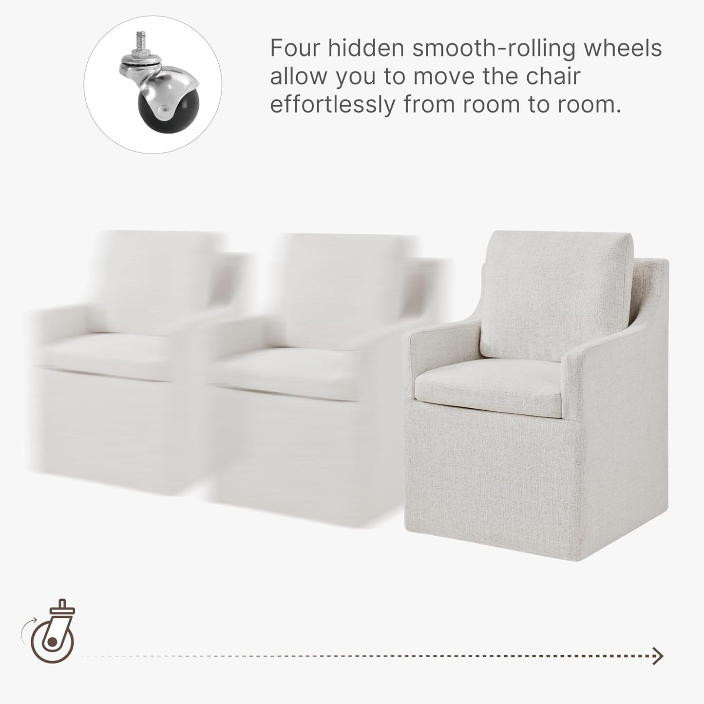 KISLOT Upholstered Dining Chairs Set of 2, Modern Dining Room Chairs with Casters & Washable Cover, Rolling Accent Chair with Comfy Backrest for Kitchen, Farmhouse, Living Room, Cream Beige, 2 Box