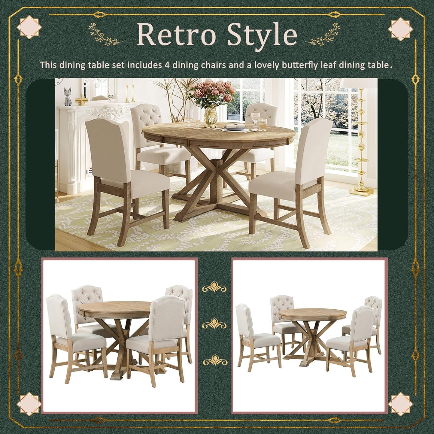 LUMISOL 5-Piece Solid Wood Dining Table Set for 4, Extendable Round Kitchen Table Set with 4 Upholstered Chairs, Farmhouse Table and Chairs Set for Kitchen, Dining Room, Living Room, Natural