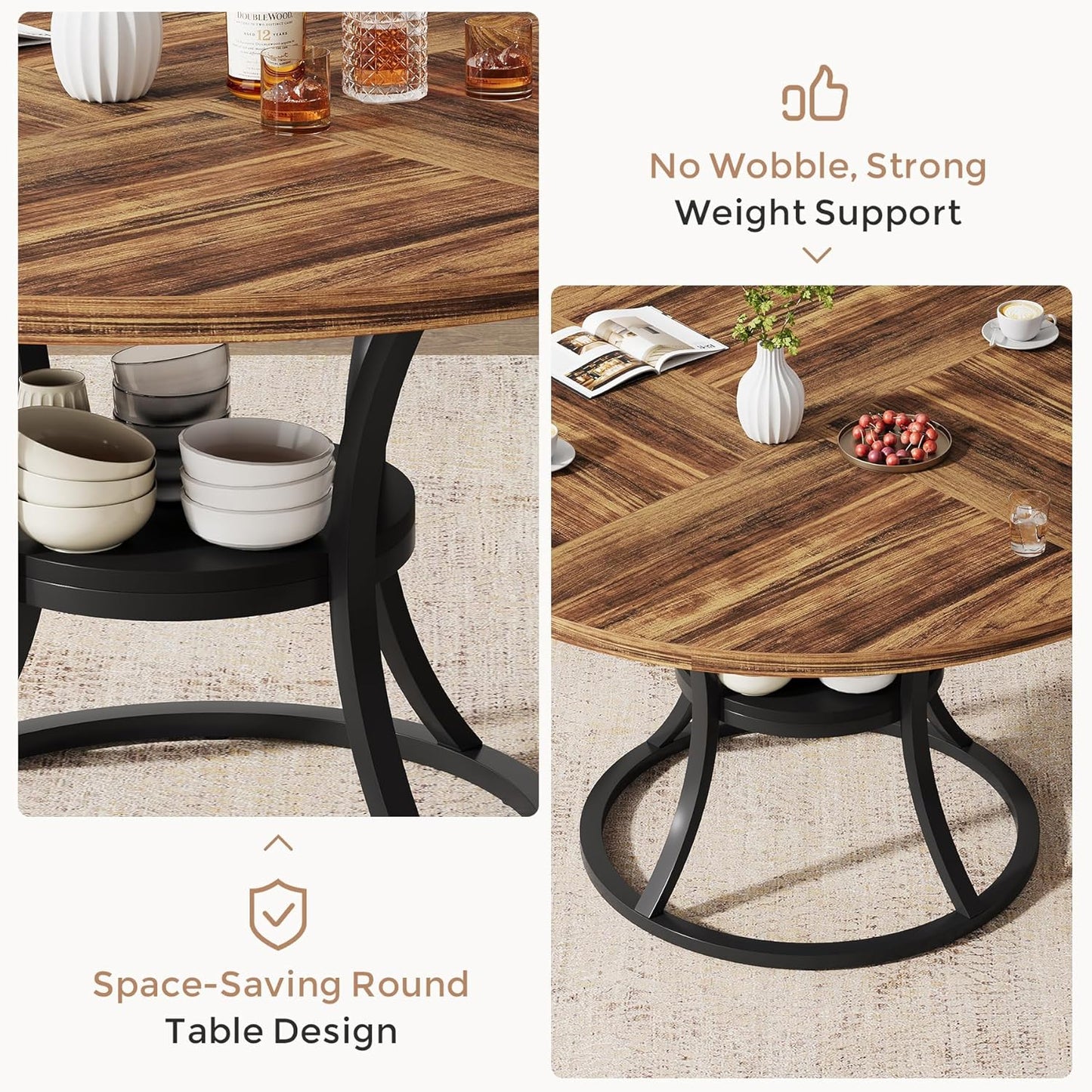 47'' Round Dining Table for 4-6, Farmhouse Dining Room Table with Storage Shelf, Space-Saving Kitchen Table with Metal Base for Kitchen & Dining Room, Table Only (Brown & Black)
