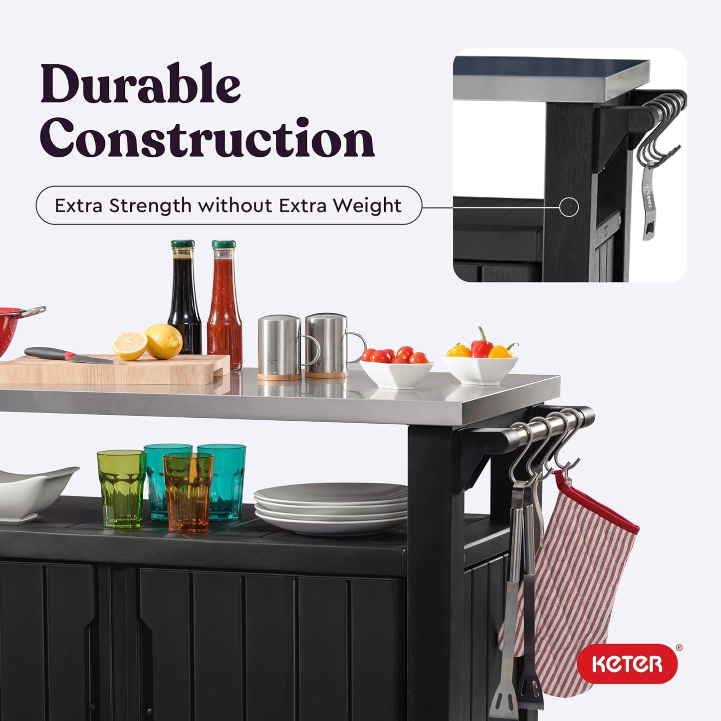 Keter Unity XL Portable Outdoor Table with Stainless Steel Top for Kitchen Prep and Outdoor Storage Cabinet for Grilling Accessories, Dark Grey