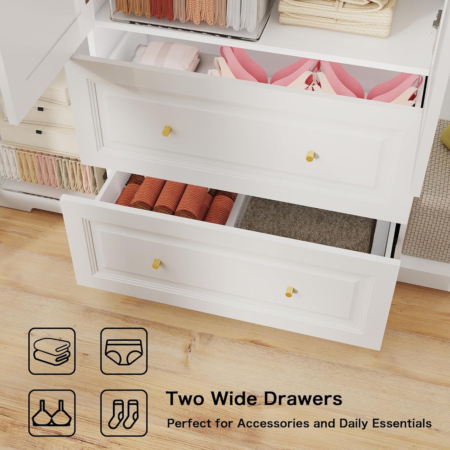 Armoire Wardrobe Closet with Drawers: Large White Wardrobe Closet with 4 Doors and 2 Drawers, Wooden Bedroom Armoires Storage Cabinet with Hanging Rod and Shelves (59")