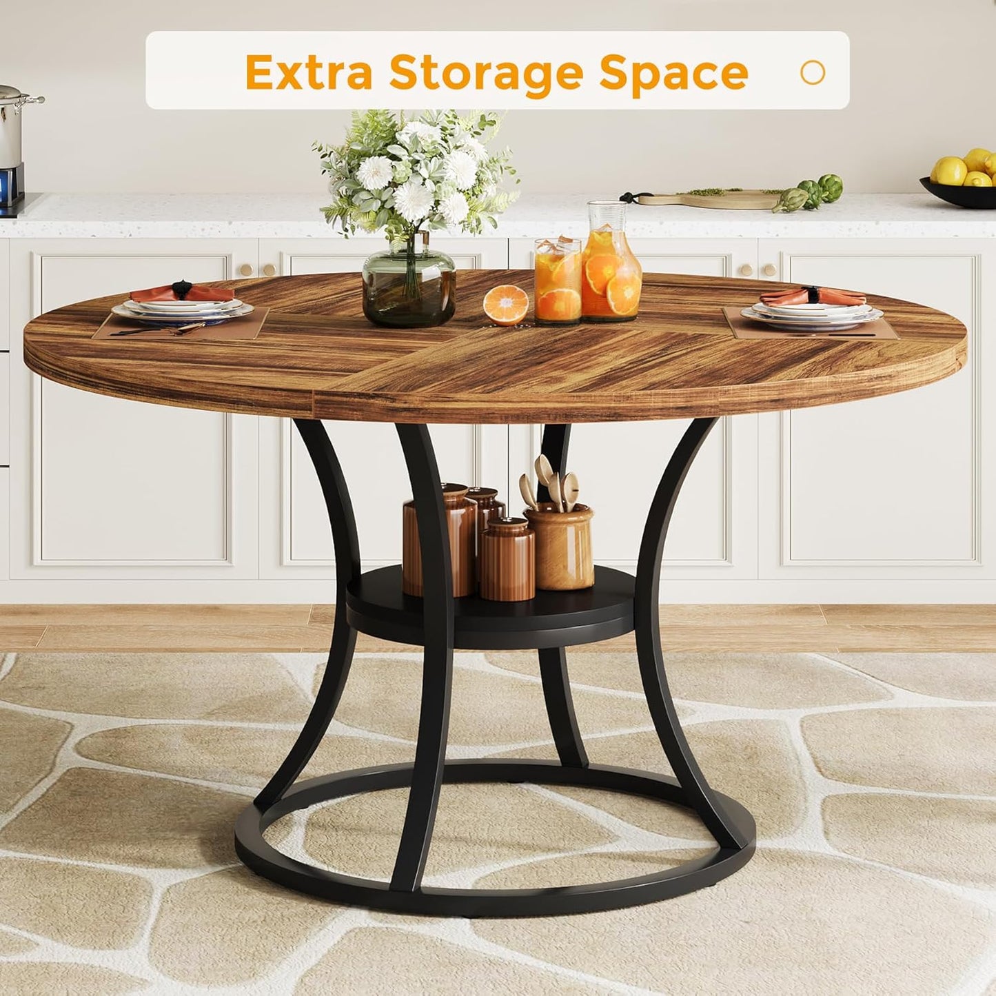 47'' Round Dining Table for 4-6, Farmhouse Dining Room Table with Storage Shelf, Space-Saving Kitchen Table with Metal Base for Kitchen & Dining Room, Table Only (Brown & Black)
