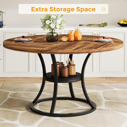 47'' Round Dining Table for 4-6, Farmhouse Dining Room Table with Storage Shelf, Space-Saving Kitchen Table with Metal Base for Kitchen & Dining Room, Table Only (Brown & Black)