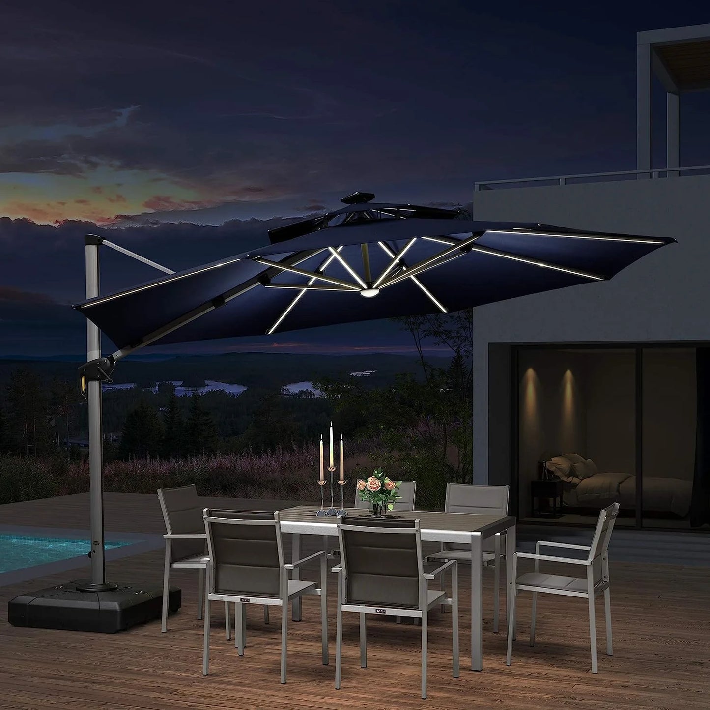 12ft Solar LED Patio Umbrella Outdoor Round Umbrella Large Cantilever Umbrella with LED Lights Windproof Bias Umbrella Heavy Duty Parasol for Garden Deck Pool Patio