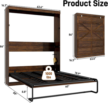 Hlivelood Queen Size Murphy Bed with 2 LED Lights, Farmhouse Wood Hidden Foldable Wall Bed Frame w/Gas Struts, Storage Bed Cabinet for Bedroom, Office, Space-Saving, No Box Spring Needed, Brown