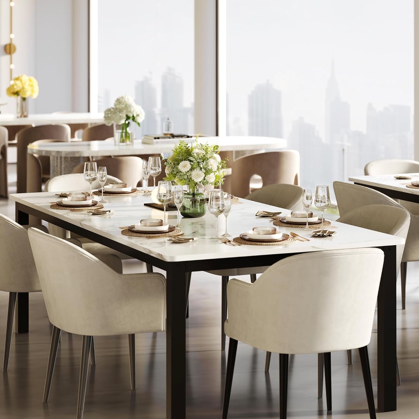 GarveeHome 70.8 in Industrial Dining Table for 6, Wooden Long Dinner Table with Mortise Tenon Design, Kitchen Table with Sturdy Metal Legs, for Dining Room Home Office Living Room, White