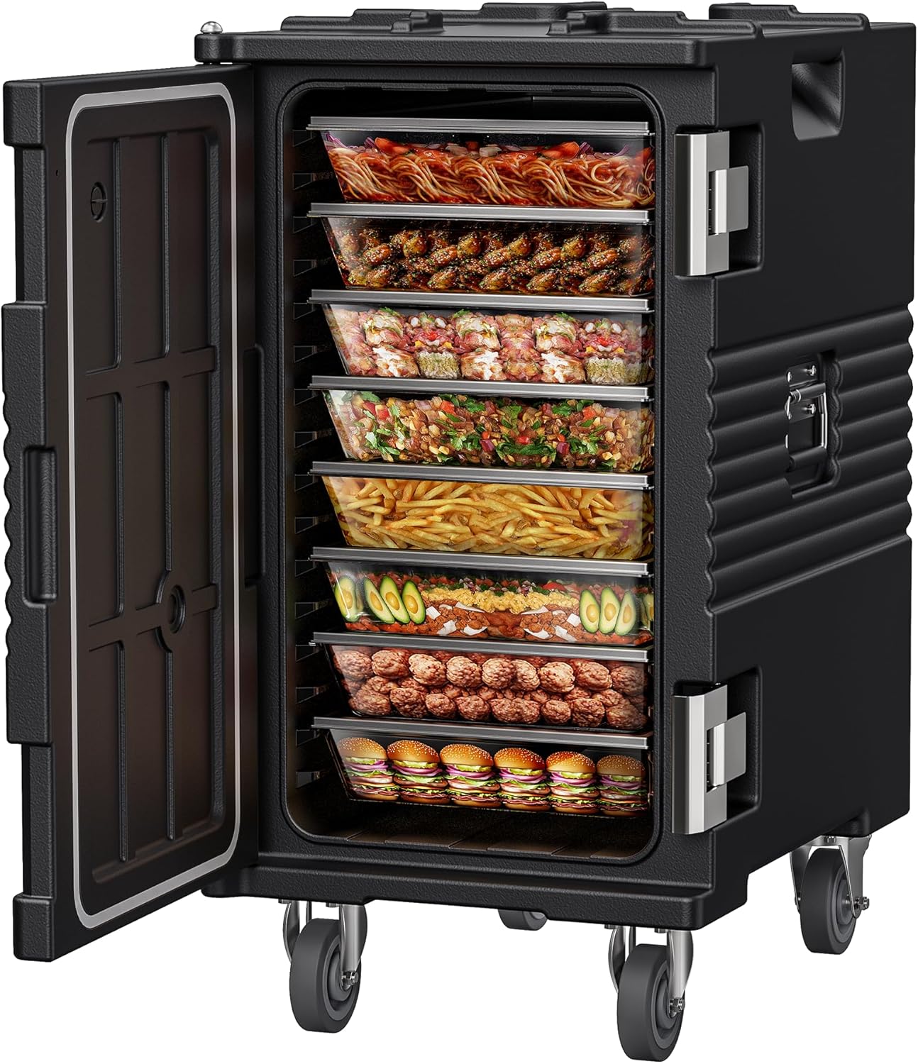 CAMMOO 127QT Non-Electrical Catering Food Warmers with Casters, 304 Stainless Steel Latch & Door Shaft, Insulated Food Carrier for 8 Full-Size Pans(NOT Included), Food Warmer Hot Boxes for Catering