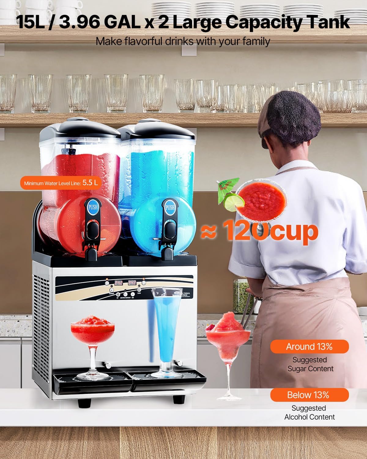 VEVOR Commercial Slushy Machine, 15Lx2 Double Tank Margarita Machine, 120 Cups Stainless Steel Margarita Smoothie Frozen Drink Machine, Slushie Machine for Party Restaurants Cafe Bars