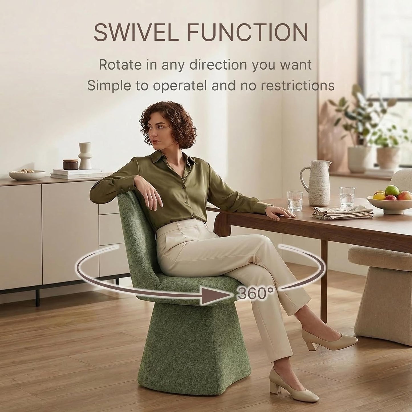 KISLOT Swivel Dining Chairs Set of 4, Upholstered Mid Century Modern Deskchair with High Back, Linen Fabric Kitchen Chairs for Dining Room, Bedroom, Dressing Room, Green
