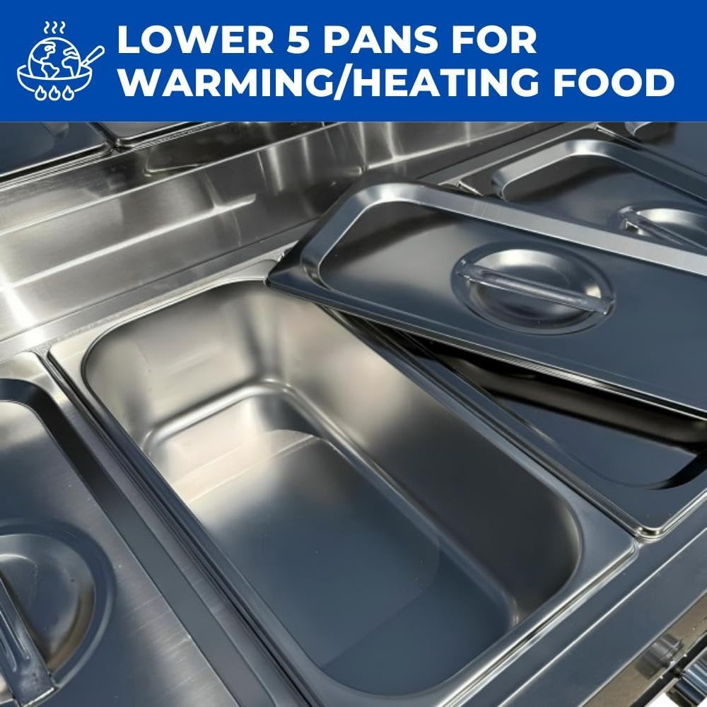 5 Pan Steam Table Food Warmer Cart | Heavy Duty Commercial Stainless Steel | Portable 4 Wheels | Outdoor Propane | 3 Condiment Containers | 8 Total Standard 1/3 Pans (12” x 6” x 4”) | CSA Approved | Catering, Home, and Backyard Use