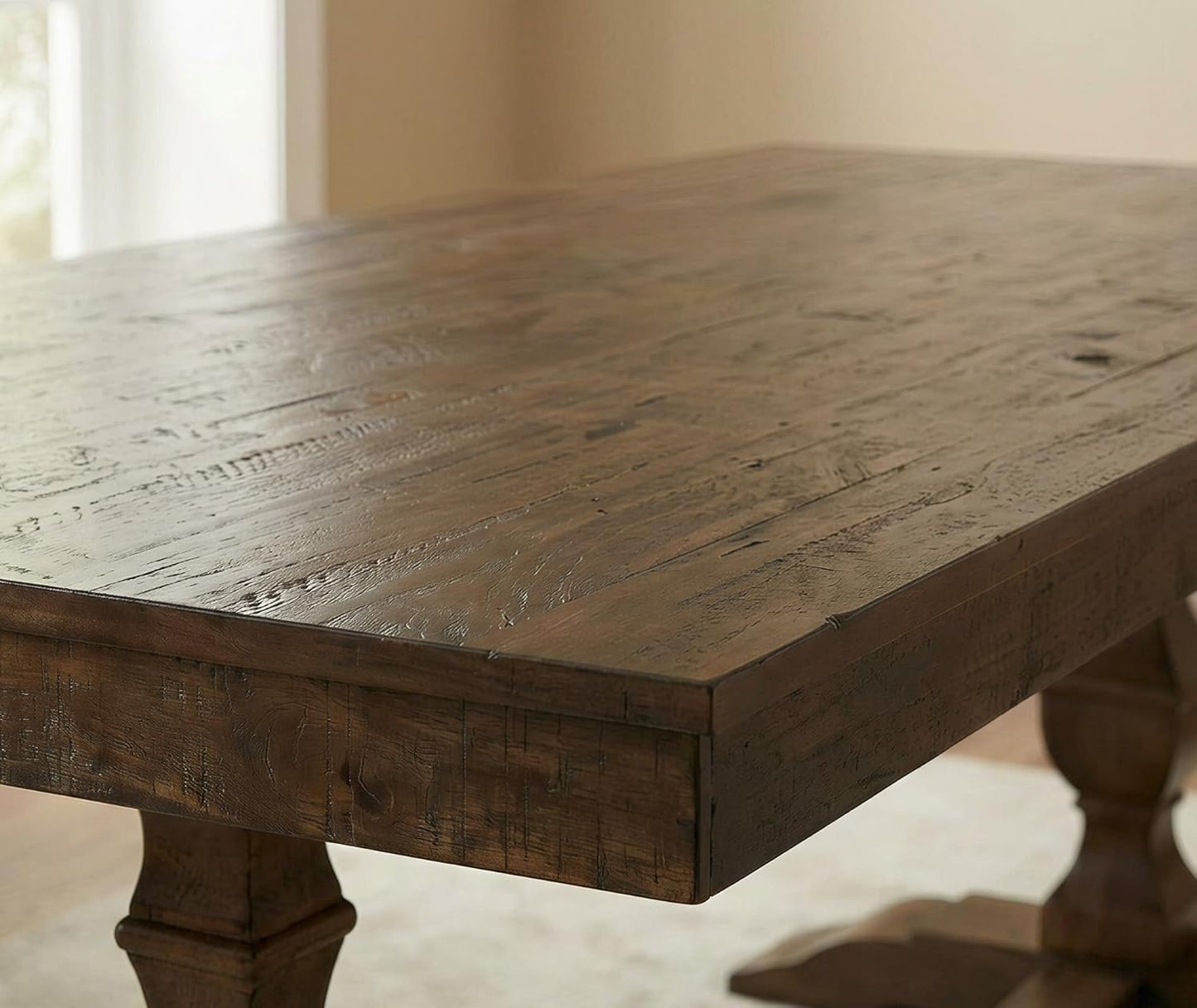 WAMPAT 74.8-inch Long Vintage Farmhouse Dining Table for 6-8 People,Sturdy Wooden Frame,Weathered Textured Tabletop,Solid Wood Double Pedestal Legs with T-Shaped Feet,Non-Extendable,Dark Walnut Brown
