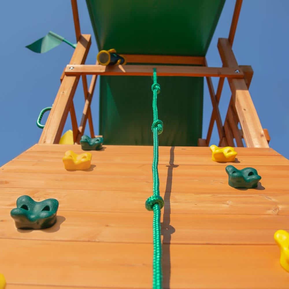 DIY Outing III Wooden Outdoor Playset with Tarp Roof, Rock Wall, Wave Slide, Swings, and Backyard Swing Set Accessories