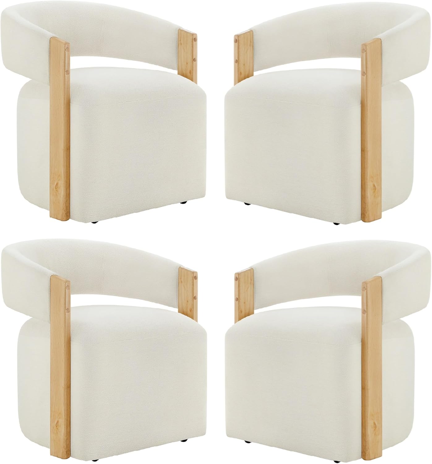 KISLOT Upholstered Dining Chairs with Casters, Modern Barrel Side Armchair with Rollers & Wooden Armrest for Dining Room, Bedroom, Kitchen, Reading Room, Beige, Set of 4