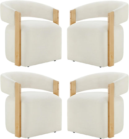 KISLOT Upholstered Dining Chairs with Casters, Modern Barrel Side Armchair with Rollers & Wooden Armrest for Dining Room, Bedroom, Kitchen, Reading Room, Beige, Set of 4