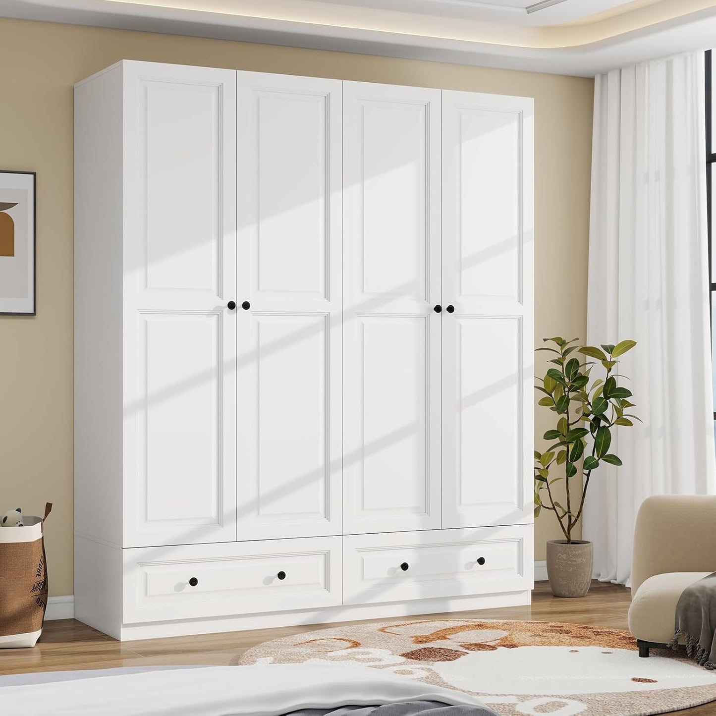 Armoire Wardrobe Closet with Drawers: 74" White Tall Wooden Wardrobe Closet for Hanging Clothes, Large Bedroom Armoires with 2 Drawers, 4 Door Armoire Storage Cabinet (White, 63")