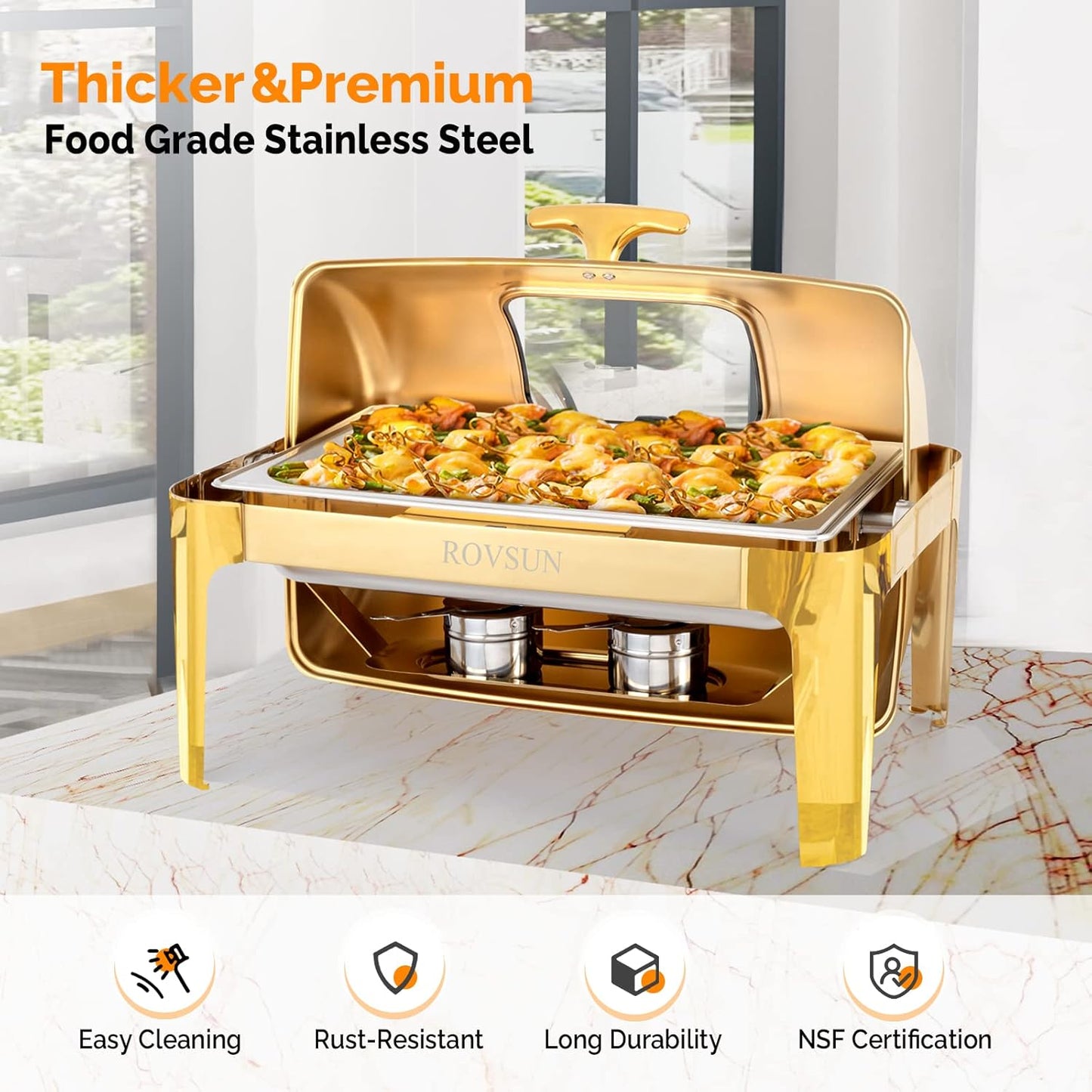 ROVSUN 9QT 3 Pack Roll Top Chafing Dish Buffet Set, Rectangular NSF Stainless Steel Buffet Warmer Chafers with Thick Frame for Catering Events Parties Weddings Dinners, Gold