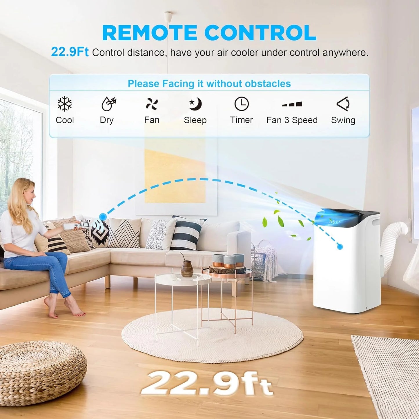 Portable Air Conditioners with Remote Control, 3-in-1 Free Standing Cooling AC Unit with Fan & Dehumidifier, Cools Room up to 700 sq.ft, Smart/Sleep Mode,3 Speed,Auto Swing,24H Timer