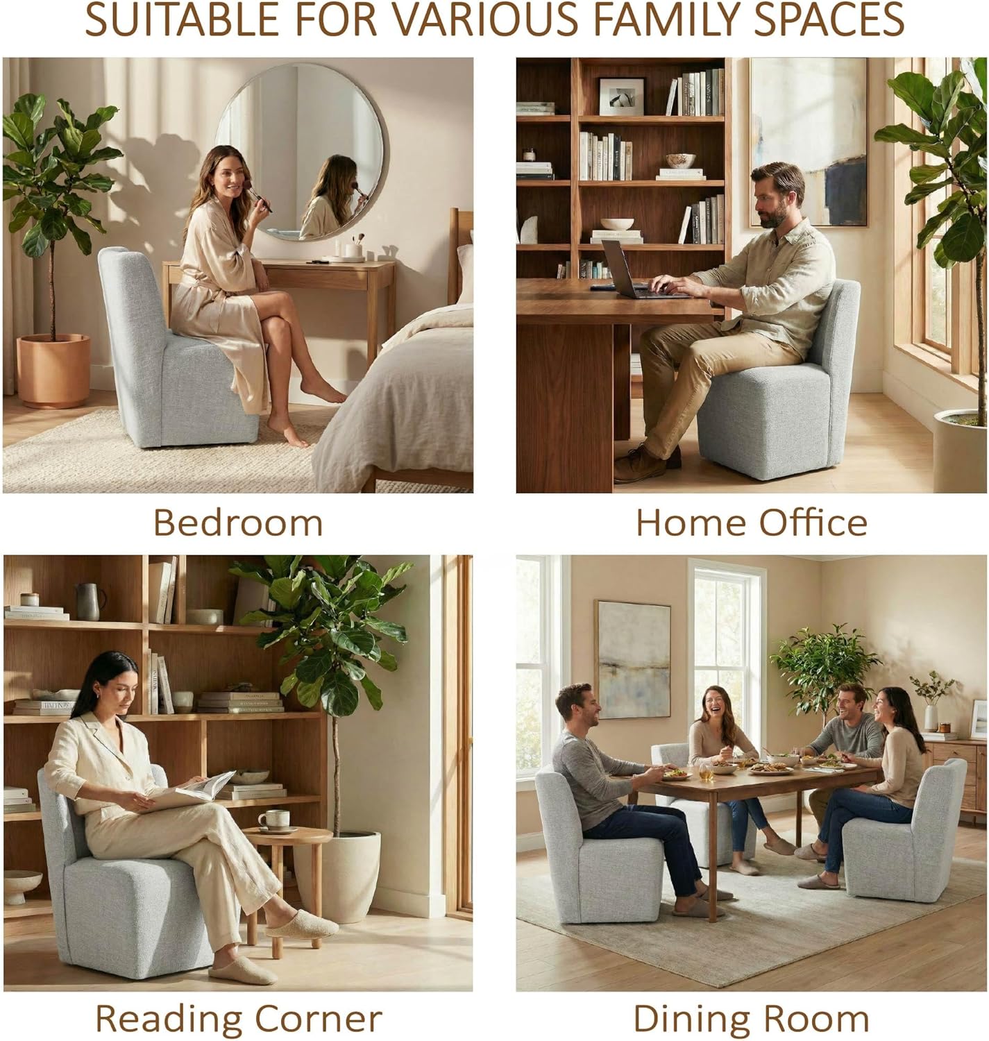 KISLOT Upholstered Dining Chairs Set of 4 with Casters, Wingback Modern Side Armless Deskchair with Rollers for Diningroom Bedroom Livingroom Reading Room, Light Grey Fabric