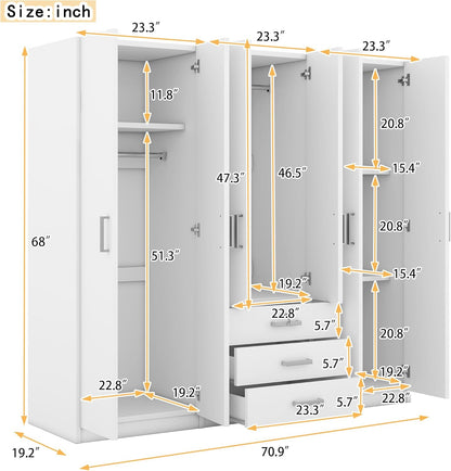 Merax Large White 6 Doors Wooden Wardrobe, Bedroom Tall Armoire Closet Organizer with Big Drawers, Hanging Rails and Shelves, Clothes Storage Cabinet for Garage & Laundry Room, White