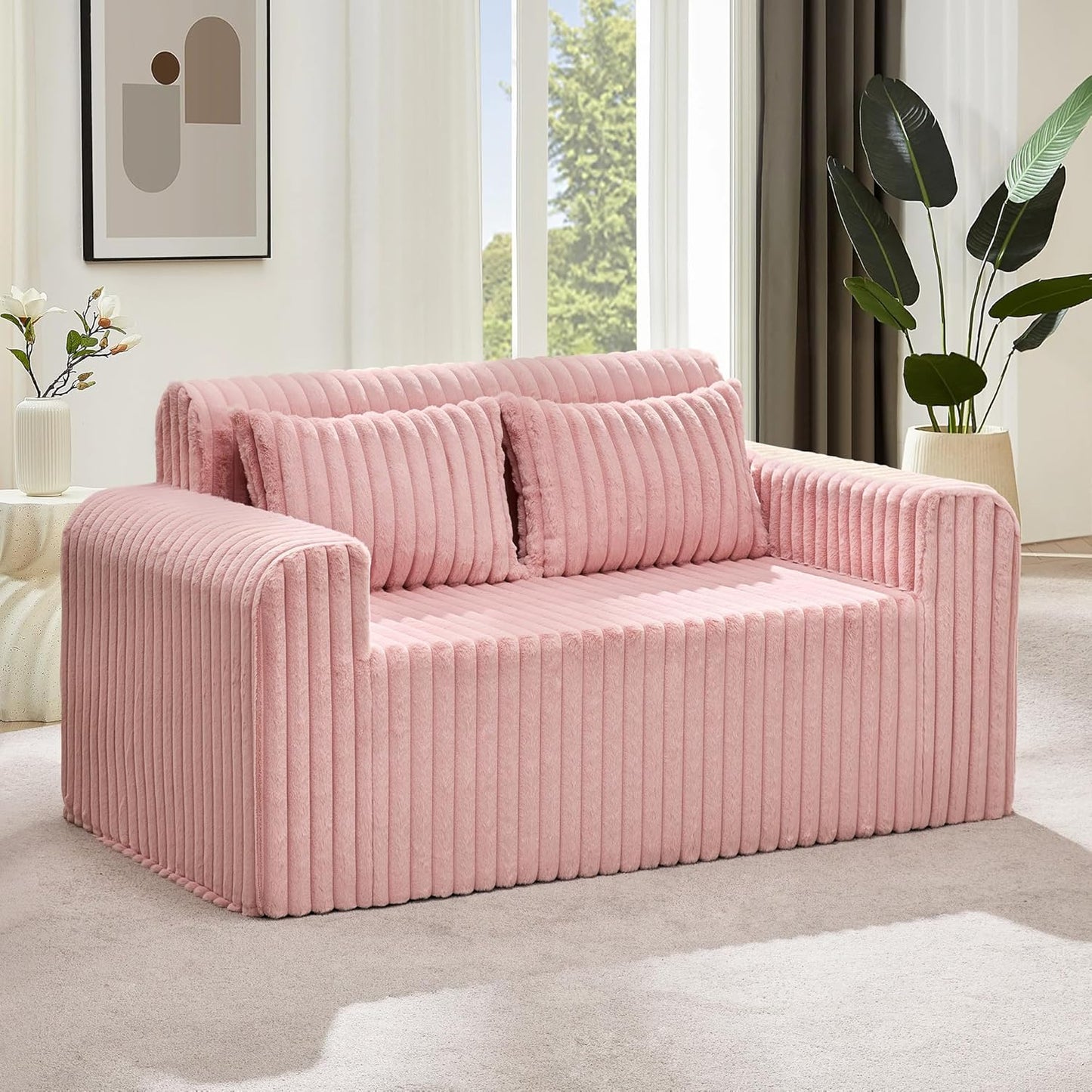 Hobestluk Couch Sofa 2-Seater Foam Sofa Loveseat for Small Spaces Comfy Sofas with Removable Cover Furry Couch with Pillows for Living Room, Bedroom, Apartment, Office (Pink, Loveseat)