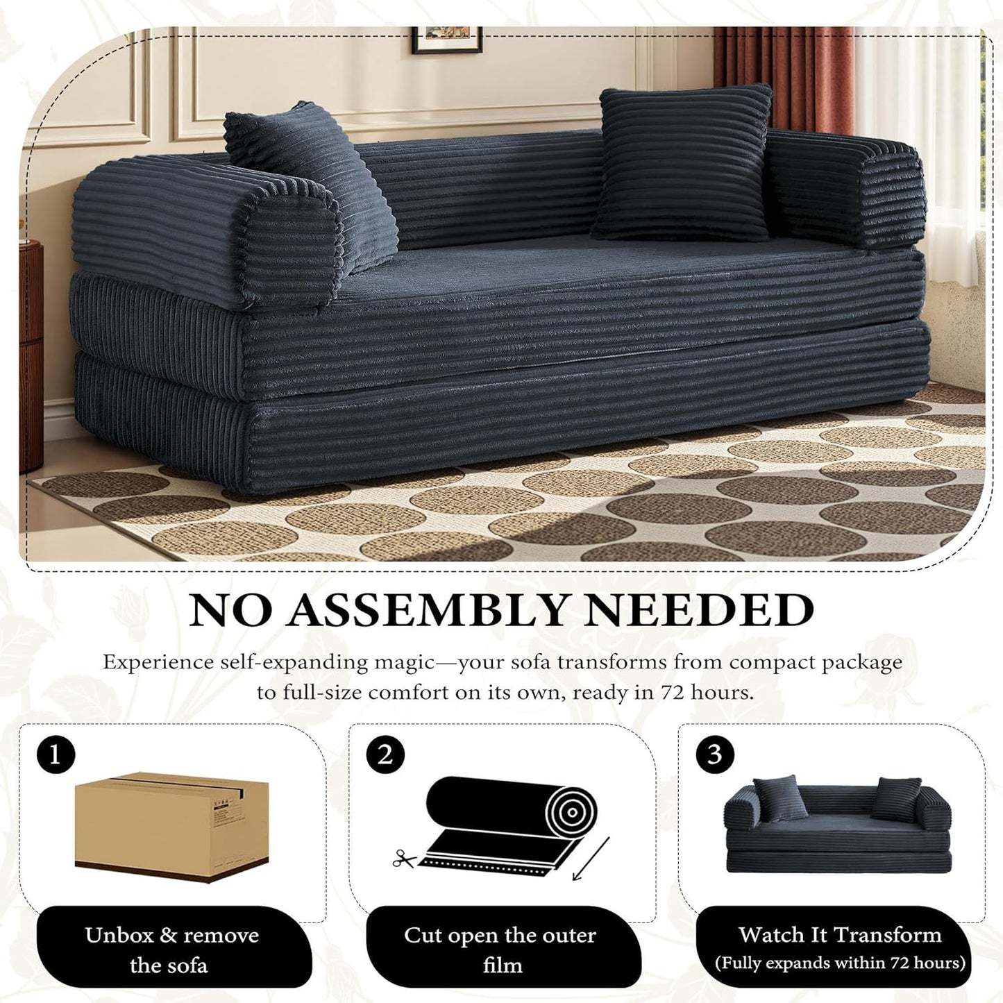 Boneless Couch Versatile Couches for Living Room No-Install Sofa Bed Corduroy Futon Soft Cloud Couch with Pillows for Bedroom Game Movie (Dark Gray, 76")
