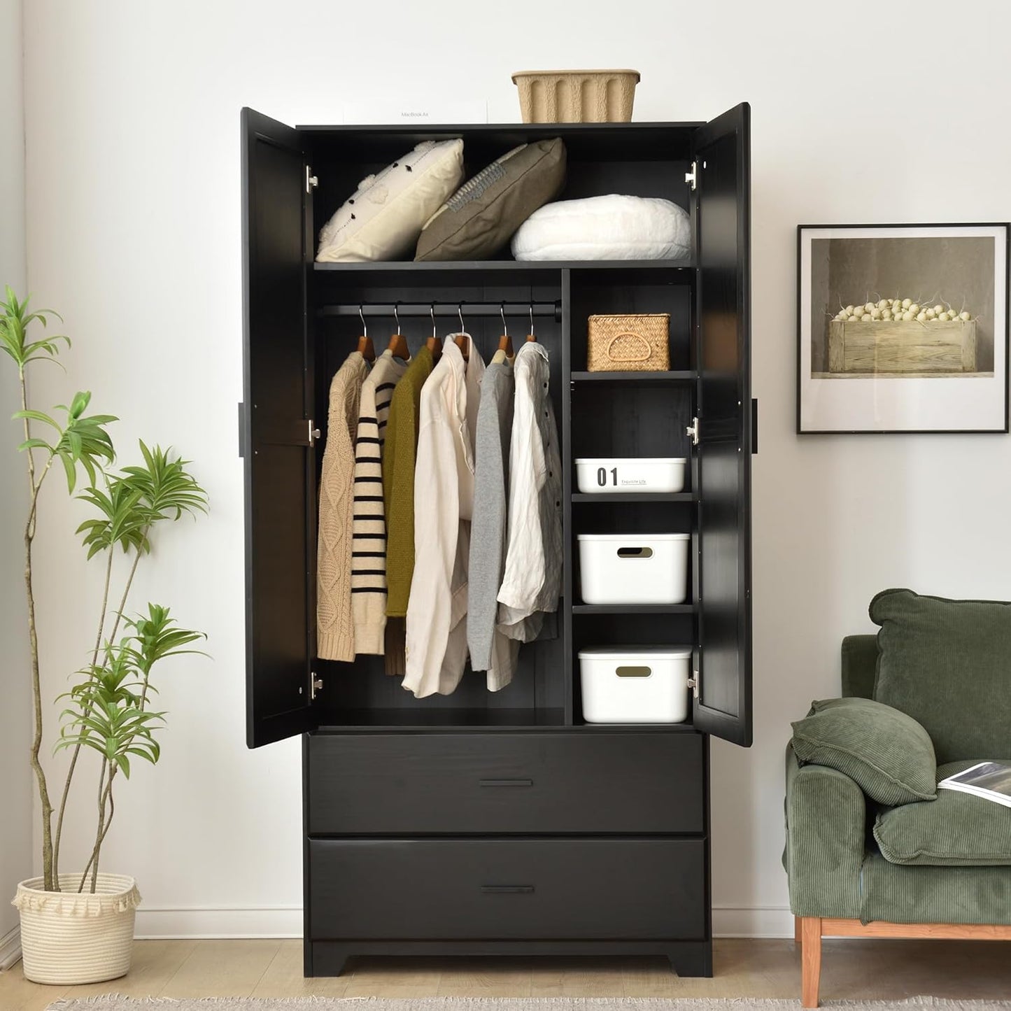 Woodpecker's Inc Solid Pine Wood Closet with Raised Doors (Black)