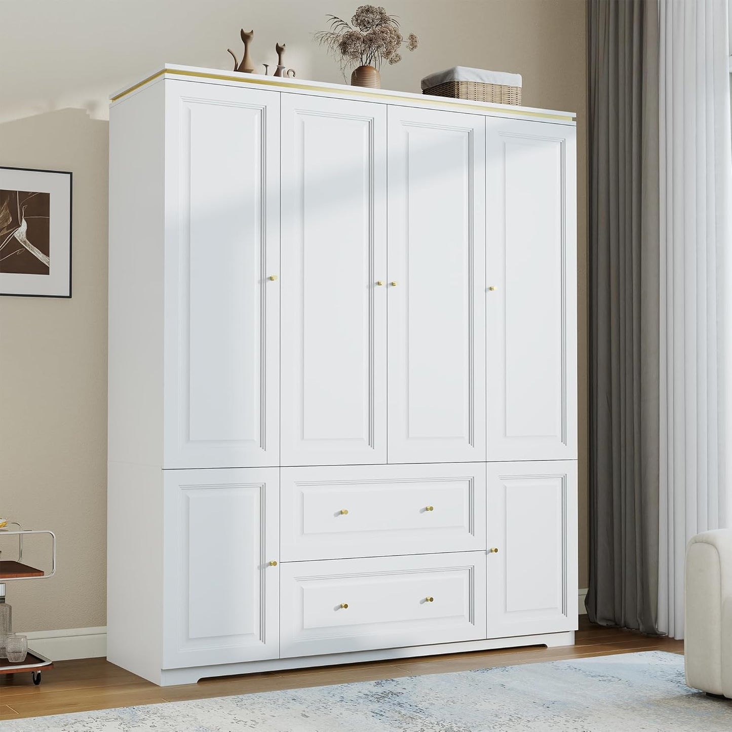 Armoire Wardrobe Closet with Drawers: Large White Wardrobe Closet with 4 Doors and 2 Drawers, Wooden Bedroom Armoires Storage Cabinet with Hanging Rod and Shelves (59")