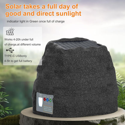 Outdoor Speakers Solar Powered & USB-C Charging, Rock Speaker TWS Pairing Wireless Outdoor Speaker Bluetooth 5.3, LED Light Show, Waterproof, ideal for Backyard BBQ, Garden, Poolside(2-Pc,Black)