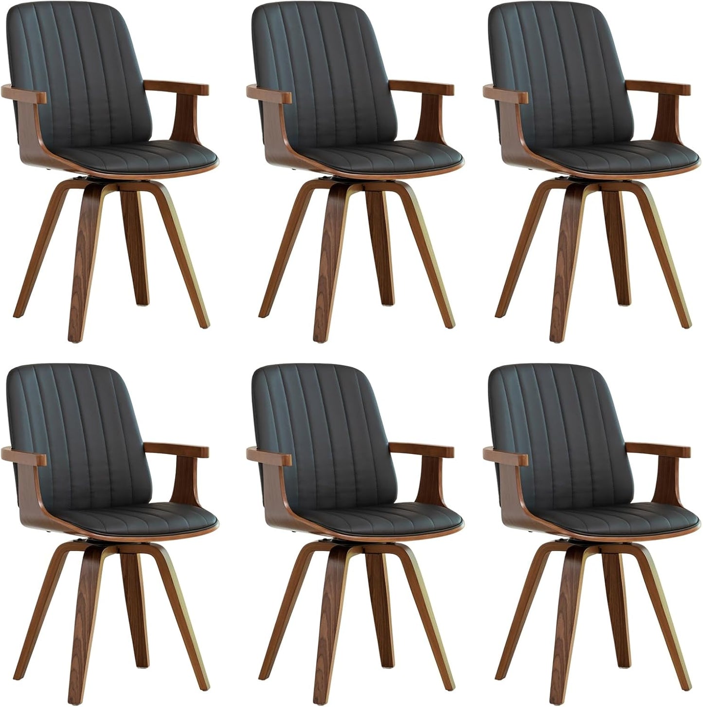 WUPOTO Swivel Dining Chairs, Set of 6 Kitchen Swivel Chairs with Walnut Craftsmanship, Upholstered Faux Leather, Wooden Arms and Legs, Walnut Dining Chairs for Kitchen/Living Room - Black
