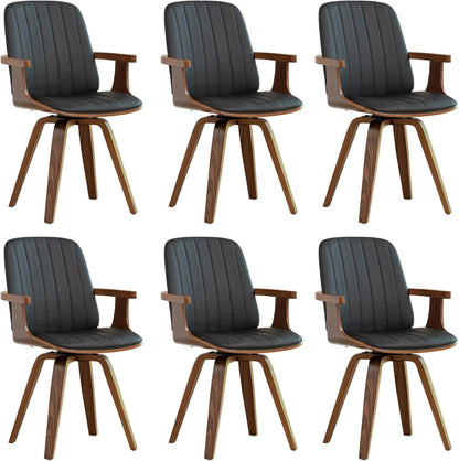 WUPOTO Swivel Dining Chairs, Set of 6 Kitchen Swivel Chairs with Walnut Craftsmanship, Upholstered Faux Leather, Wooden Arms and Legs, Walnut Dining Chairs for Kitchen/Living Room - Black