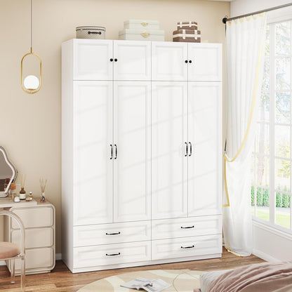 Armoire Wardrobe Closet with Drawers: 63" Large White Wood Wardrobe Closet with 4 Doors and 4 Drawers, Modern Clothes Storage Cabinet for Bedroom Armoire with Shelves (63")