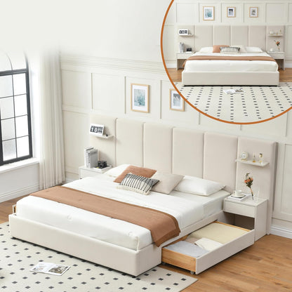 King Bed Frame with Storage & Built-in Nightstands, Velvet Upholstered Platform Bed Frame with Drawers & 2 Floating Storage Shelves, Noise-Free, No Box Spring Needed, Easy Assembly, Beige