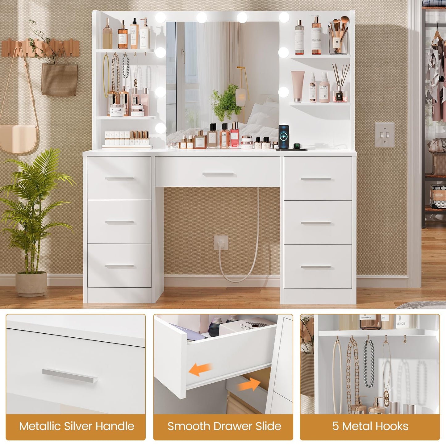 QUIMOO Large Vanity Desk with LED Mirror & Power Outlet