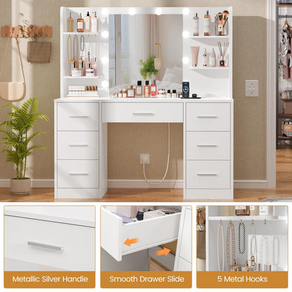 QUIMOO Large Vanity Desk with LED Mirror & Power Outlet