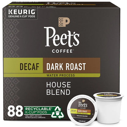 Peet's Coffee Dark Roast Decaffeinated Coffee Decaf House Blend 88 Count (4 Boxes of 22 K-Cup Pods)