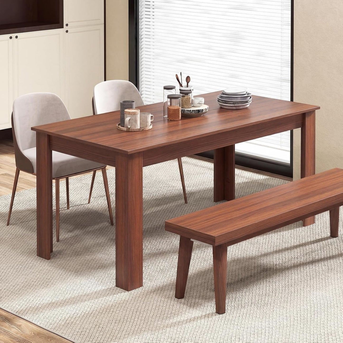 Giantex Dining Table for 4-6, 63" L Large Farmhouse Kitchen Table, Wooden Rectangular Dinner Table for Living Dining Room, Home Office, Dinette, 330LBS Capacity, Walnut