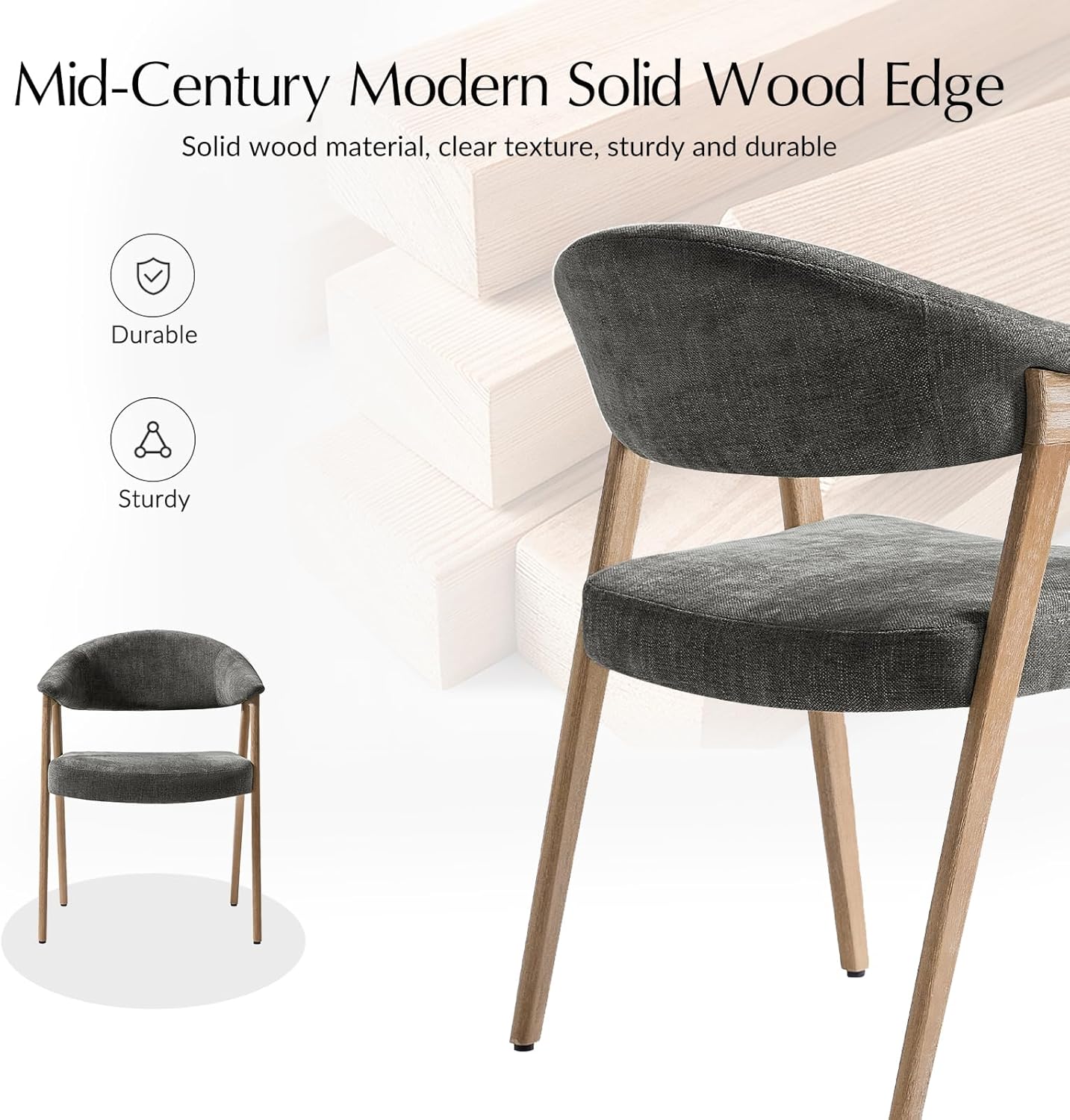 HULALA HOME Dining Chairs Set of 4, Mid-Century Modern Upholstered Dining Room Chair with Armrest, Curved Backtrst & Solid Wood Legs, Kitchen Side Chairs for Resurant, Living Room - Dark Gray