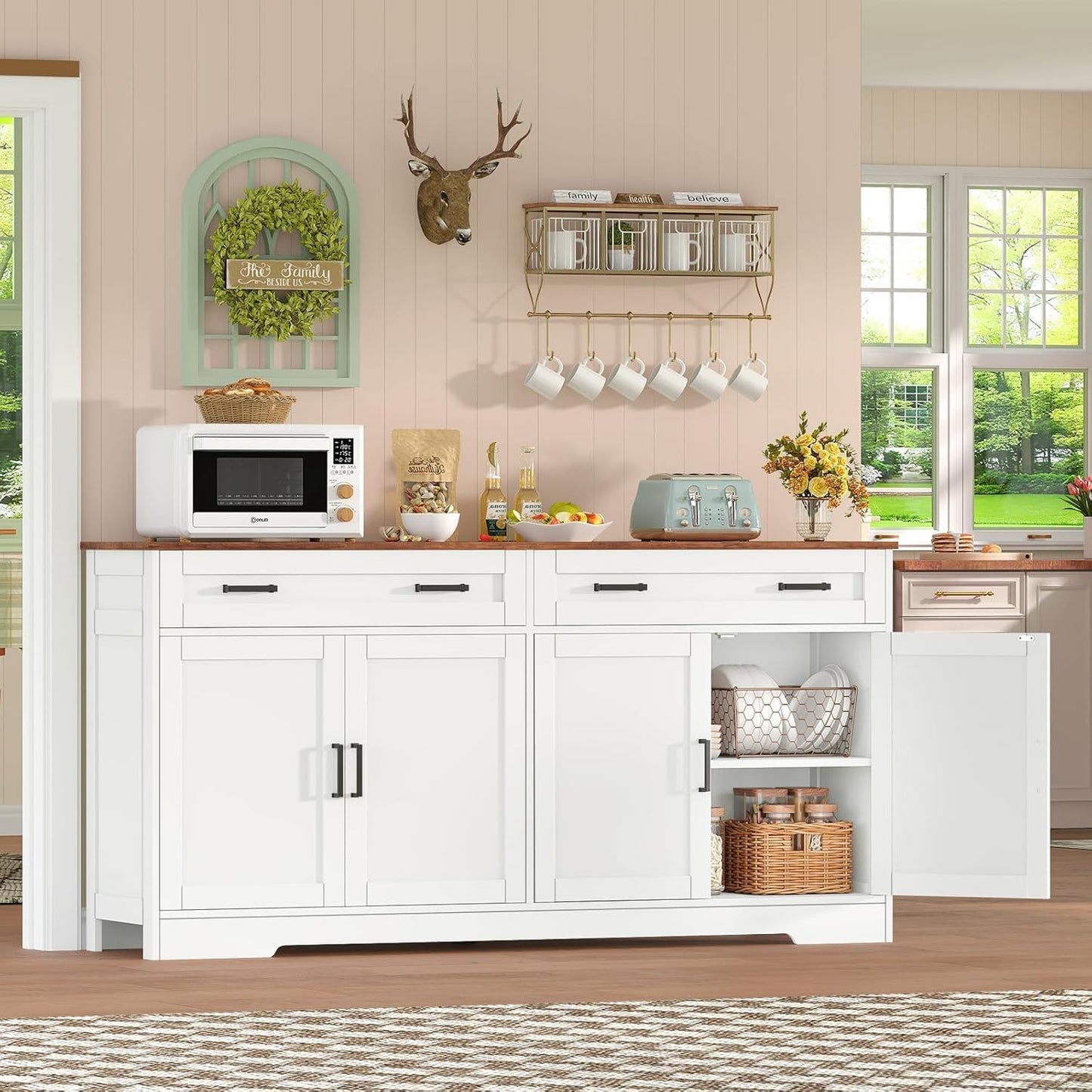 usikey Buffet Cabinet with Storage and Drawers, 55" Large Sideboard Buffet Cabinet with Adjustable Shelves and Doors, Modern Coffee Bar for Kitchen, Living Room, White